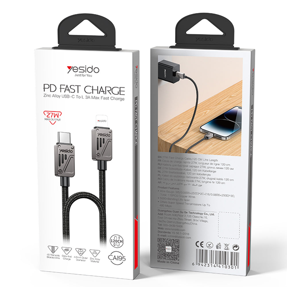 Cable de Datos y Carga USB-C - Lightning Yesido CA195, 27W, 1.2m, Negro