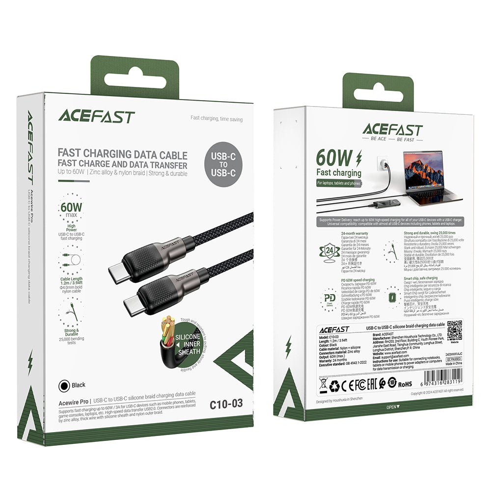 Cable de Datos y Carga USB-C - USB-C Acefast C10-03, 60W, 1.2m, Negro