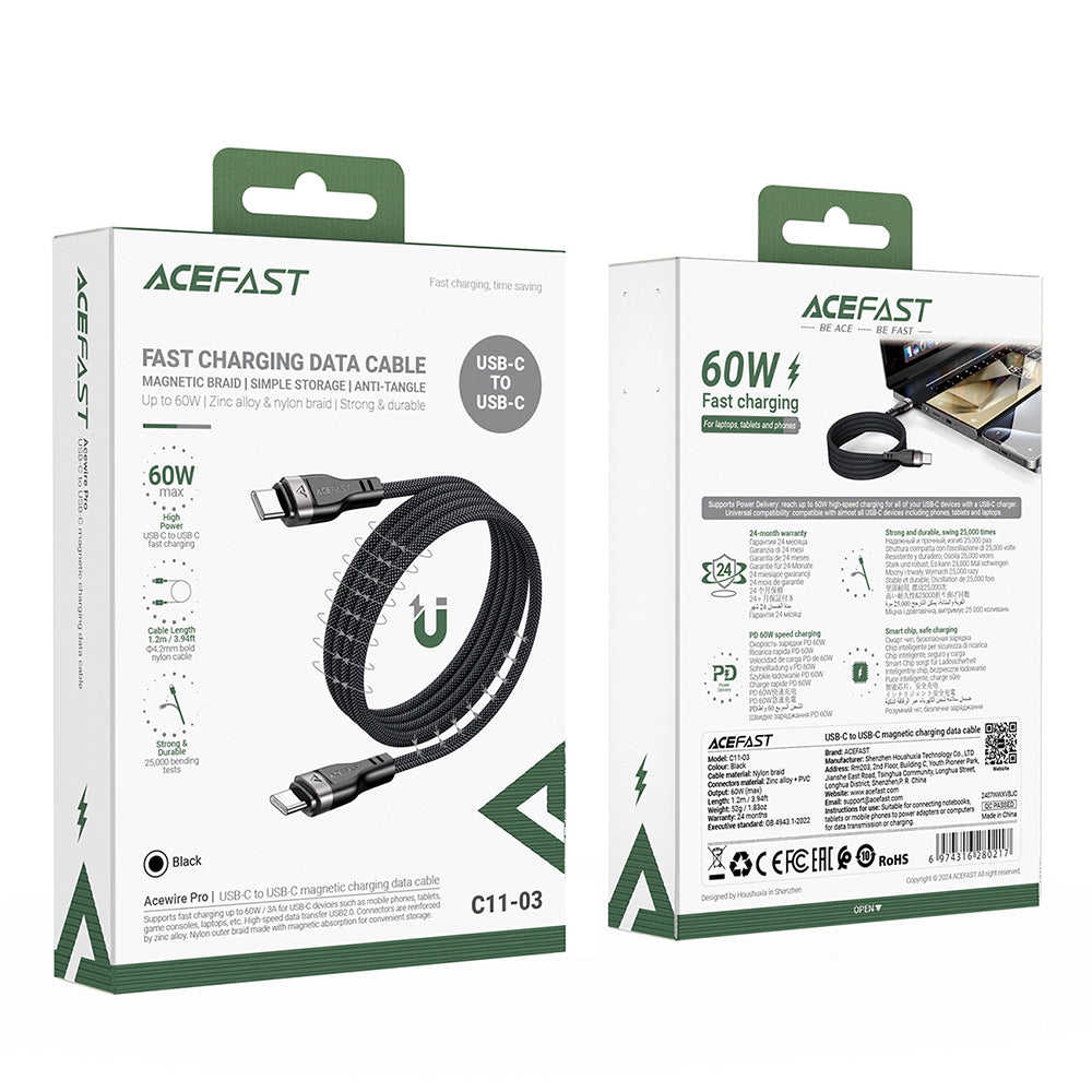 Cable de Datos y Carga USB-C - USB-C Acefast C11-03, 60W, 1.2m, Negro