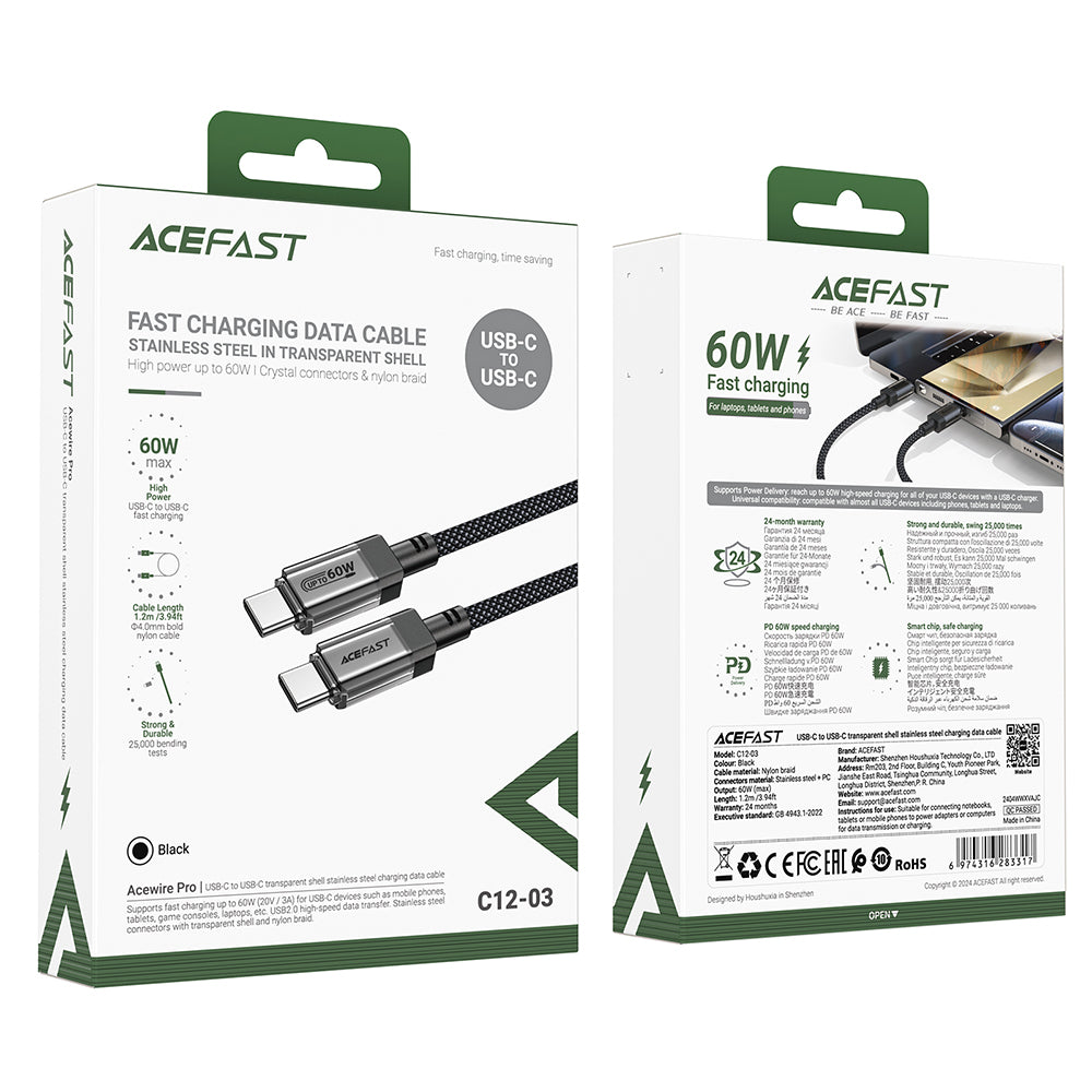 Cable de Datos y Carga USB-C - USB-C Acefast C12-03, 60W, 1.2m, Negro