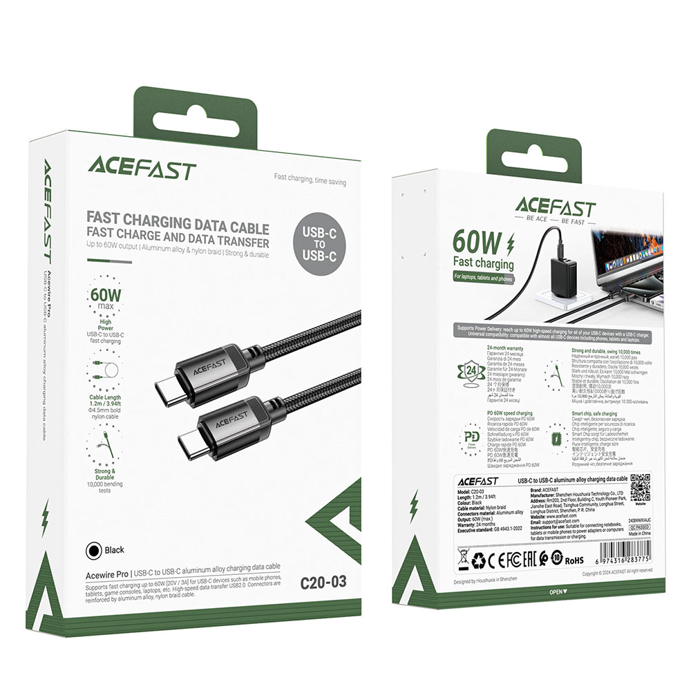 Cable de Datos y Carga USB-C - USB-C Acefast C20-03, 60W, 1.2m, Negro