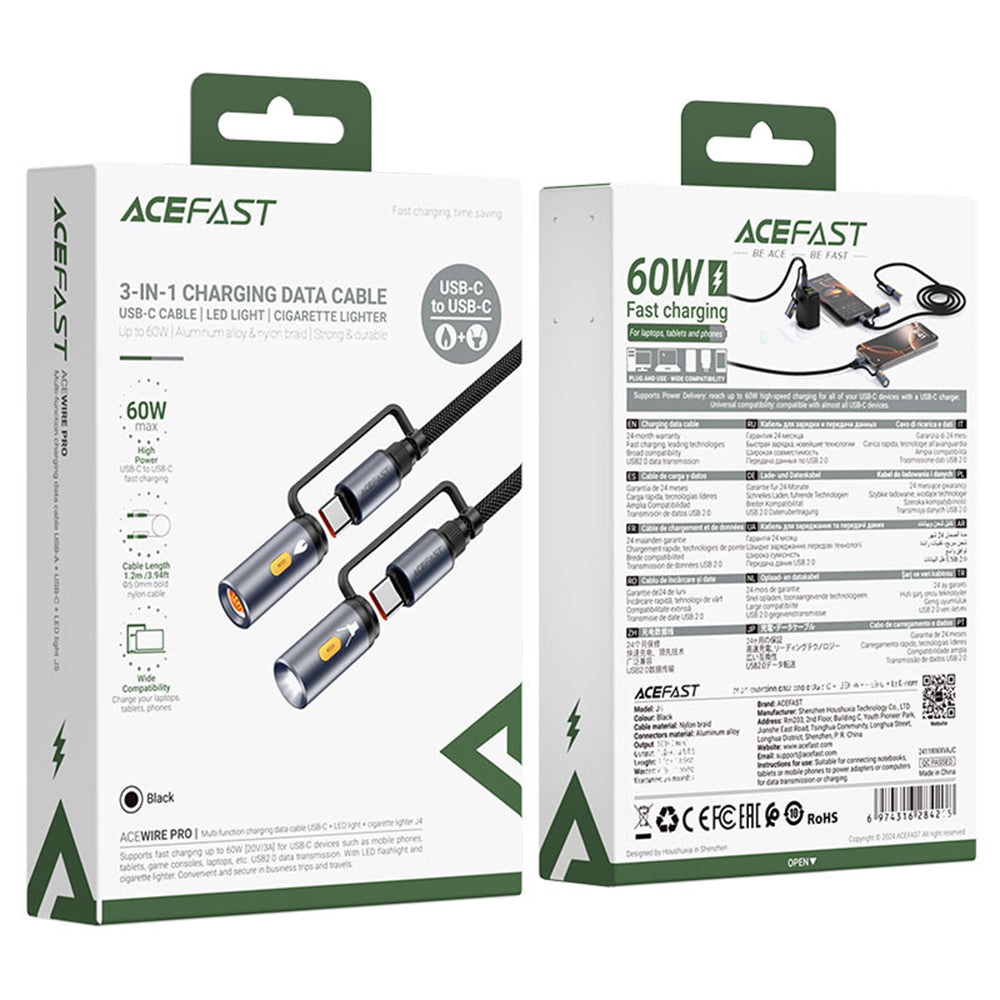 Cable de Datos y Carga USB-C / Linterna - USB-C / Encendedor Eléctrico Acefast J4, 60W, 1.2m, Negro