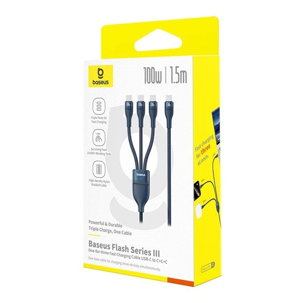 Cable de Carga USB-C - 3 x USB-C Baseus Flash Series III 3in1, 100W, 1.5m, Azul P10377503321-00
