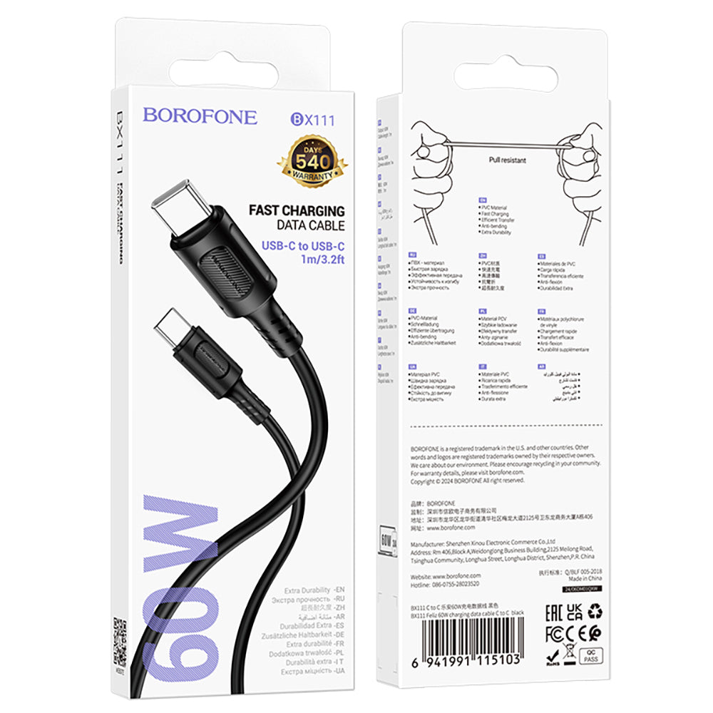 Cable de Datos y Carga USB-C - USB-C Borofone BX111 Feliz, 60W, 1m, Negro