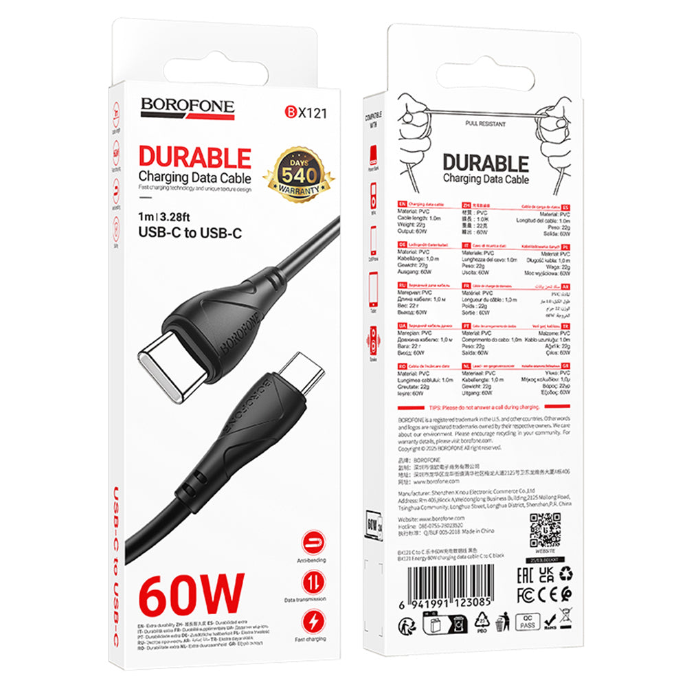 Cable de Datos y Carga USB-C - USB-C Borofone BX121 Energy, 60W, 1m, Negro