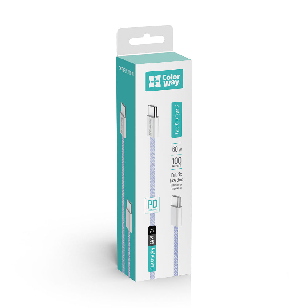 Cable de Datos y Carga USB-C - USB-C ColorWay CW-CBPDCC061, 60W, 1m, Morado
