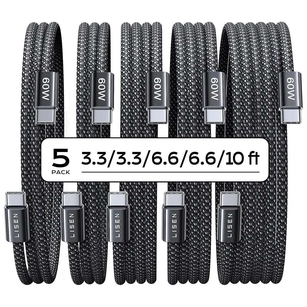 Cable de Datos y Carga USB-C - USB-C Lisen, 60W, Set 5 piezas (2 x 1m, 2 x 2m, 1 x 3m), Negro YL0123070010