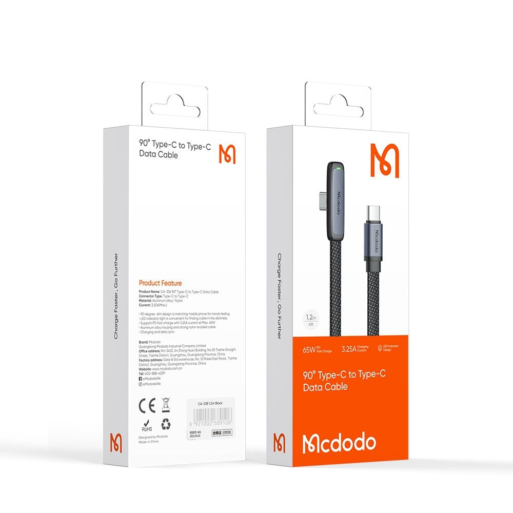 Cable de Datos y Carga USB-C - USB-C McDodo CA-3360 Angled, 65W, 1.2m, Negro