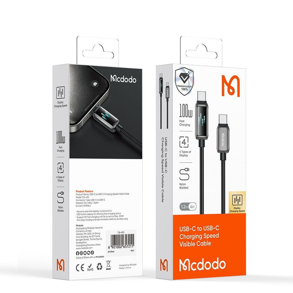 Cable de Datos y Carga USB-C - USB-C McDodo CA-4250 Display, 100W, 1.2m, Negro