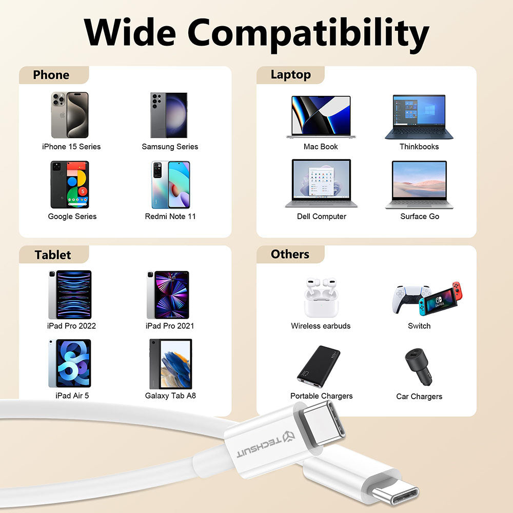 Cable de Datos y Carga USB-C - USB-C Techsuit PCB130, 60W, 1m, Blanco
