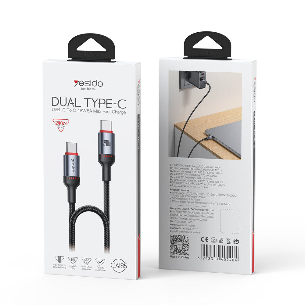 Cable de Datos y Carga USB-C - USB-C Yesido CA185, 240W, 1.2m, Negro
