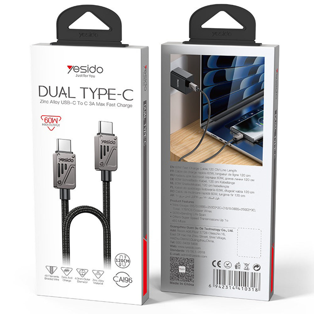 Cable de Datos y Carga USB-C - USB-C Yesido CA196, 60W, 1.2m, Negro