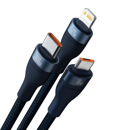 Cable de carga USB-C / USB-A - Lightning / microUSB / USB-C Baseus Flash Series II, 100W, 1.2m, Azul marino CASS030103