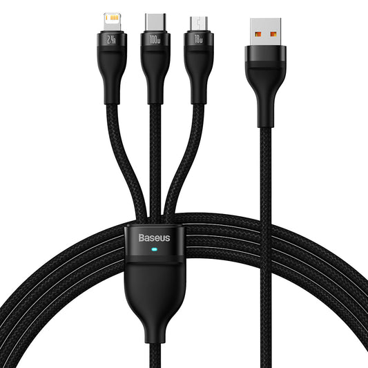 Cable de Carga USB-A - Lightning / microUSB / USB-C Baseus Flash Series II 3in1, 100W, 1.2m, Negro CASS030001