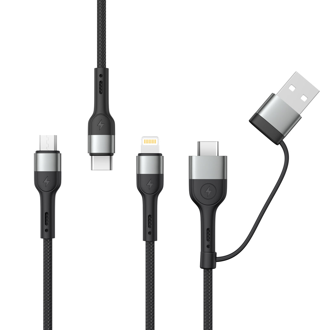 Cable de carga USB-A / USB-C - Lightning / microUSB / USB-C XO Design NB254 3en1, 60W, 1,2m, Negro
