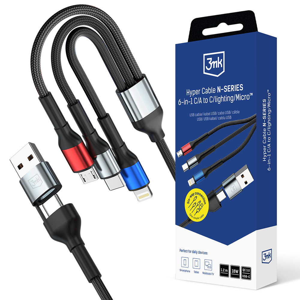 Cable de Carga USB-A / USB-C - Lightning / microUSB / USB-C 3MK Hyper N, 18W, 1.2m, Negro