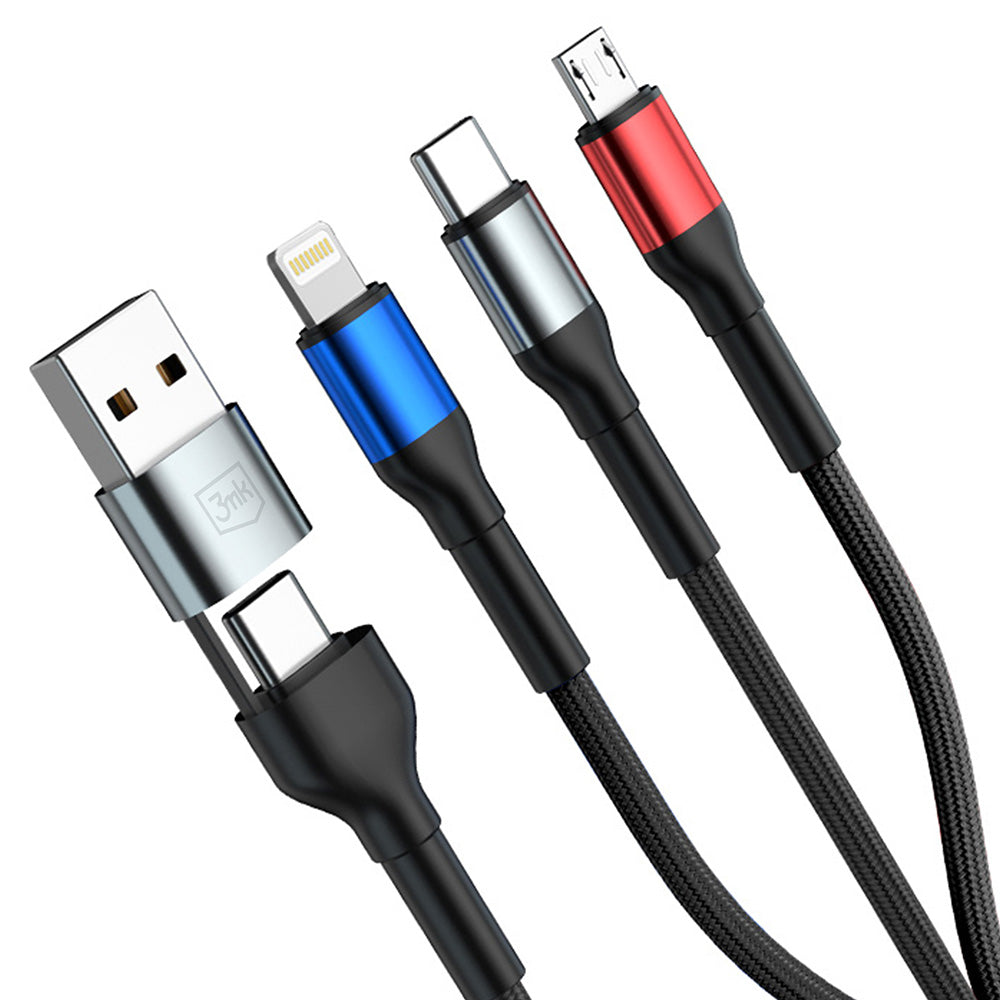 Cable de Carga USB-A / USB-C - Lightning / microUSB / USB-C 3MK Hyper N, 18W, 1.2m, Negro