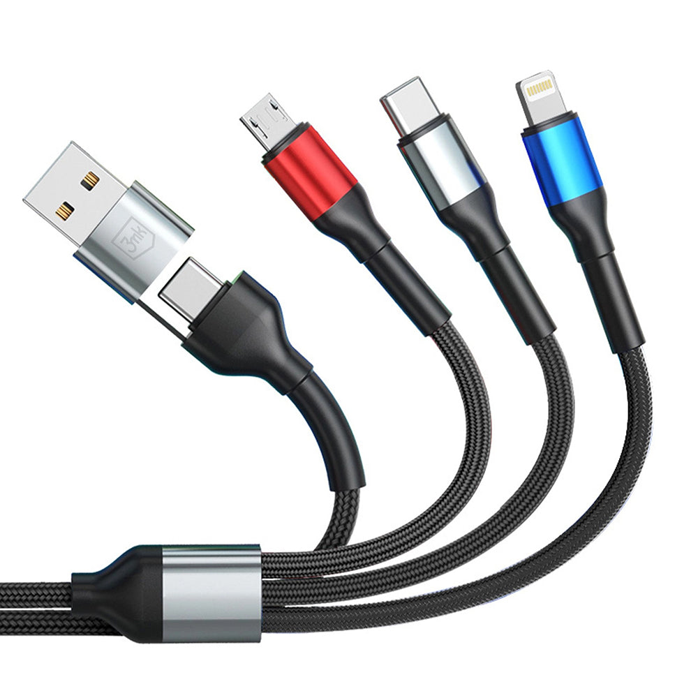 Cable de Carga USB-A / USB-C - Lightning / microUSB / USB-C 3MK Hyper N, 18W, 1.2m, Negro