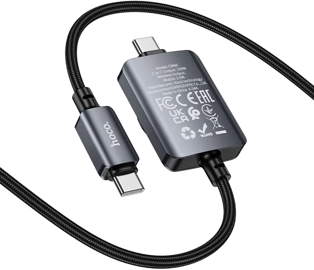 Cable de carga USB-C - USB-C HOCO CW66 2en1, 100W, 1.2m, Negro