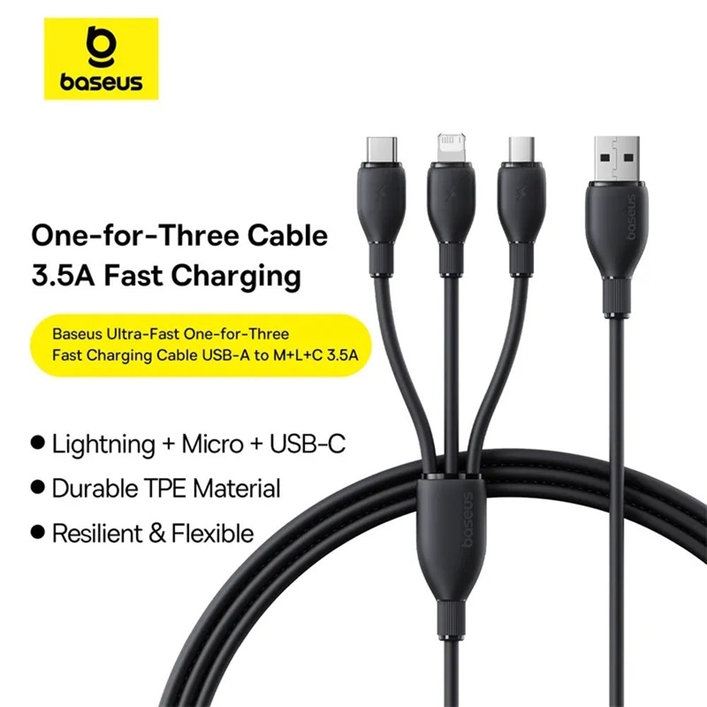 Cable de carga USB-A - Lightning / microUSB / USB-C Baseus Ultra Fast 3en1, 18W, 0.8m, Negro P10377501111-00