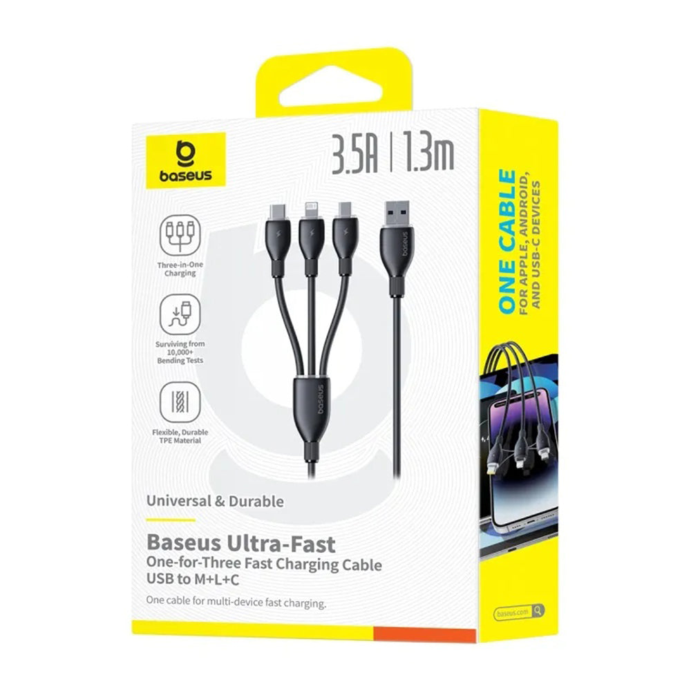 Cable de carga USB-A - Lightning / microUSB / USB-C Baseus Ultra Fast 3en1, 18W, 0.8m, Negro P10377501111-00