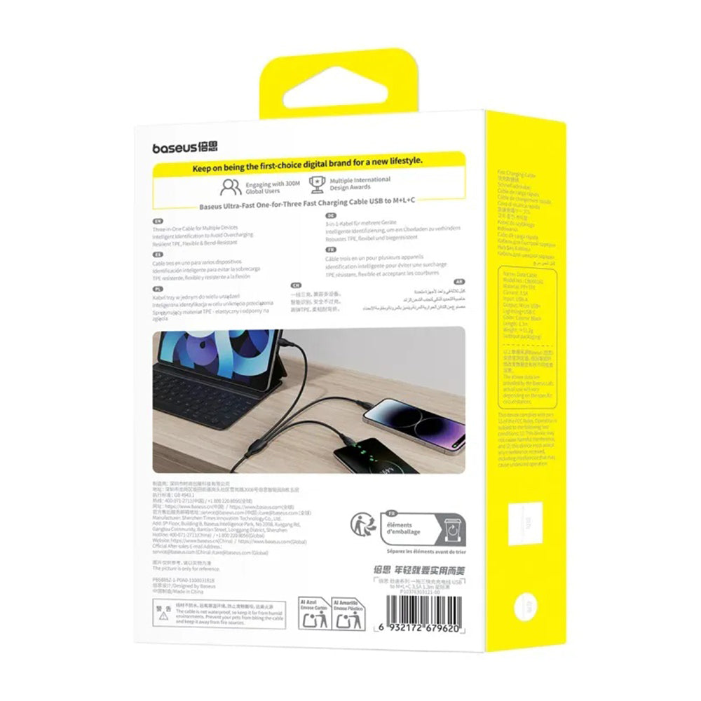 Cable de carga USB-A - Lightning / microUSB / USB-C Baseus Ultra Fast 3en1, 18W, 0.8m, Negro P10377501111-00