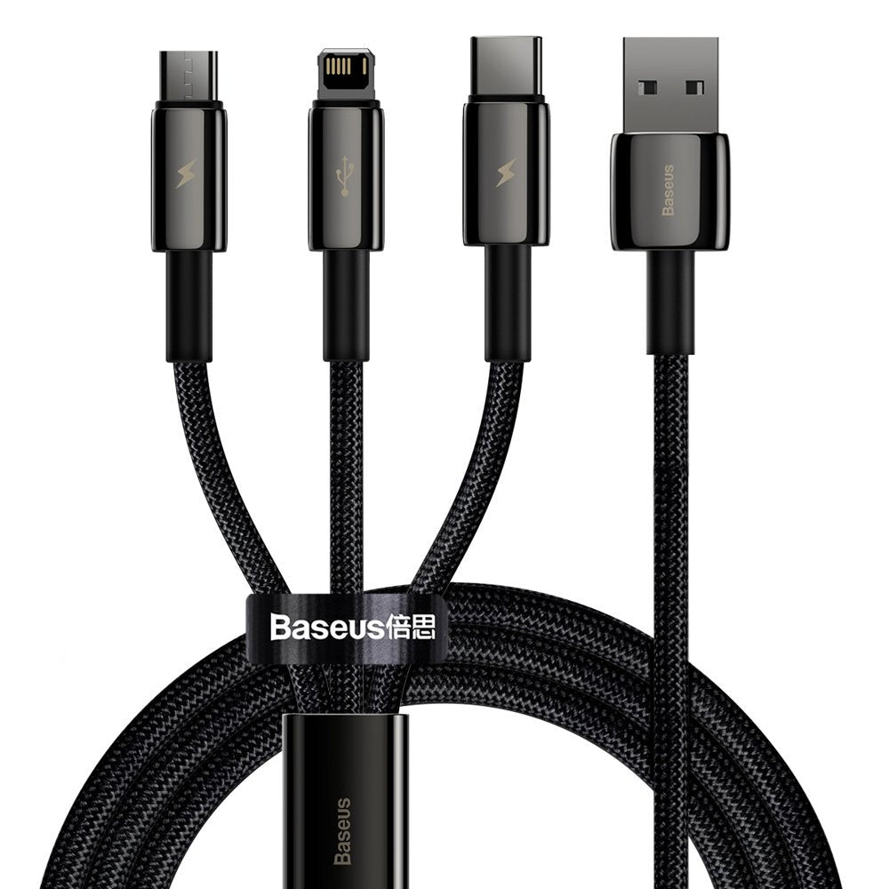 Cable de carga USB-A - Lightning / microUSB / USB-C Baseus Tungsten Gold 3in1, 18W, 1.5m, Negro CAMLTWJ-01