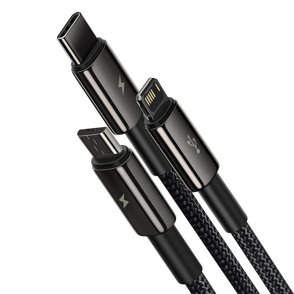 Cable de carga USB-A - Lightning / microUSB / USB-C Baseus Tungsten Gold 3in1, 18W, 1.5m, Negro CAMLTWJ-01