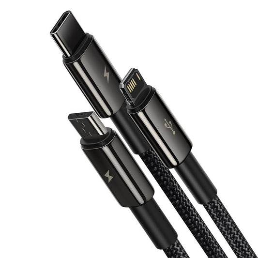 Cable de carga USB-A - Lightning / microUSB / USB-C Baseus Tungsten Gold 3in1, 18W, 1.5m, Negro CAMLTWJ-01