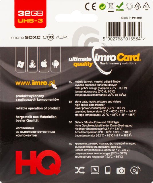 Tarjeta de Memoria microSDHC Imro, 32Gb, Clase 10 / UHS-1 U3, Con Adaptador