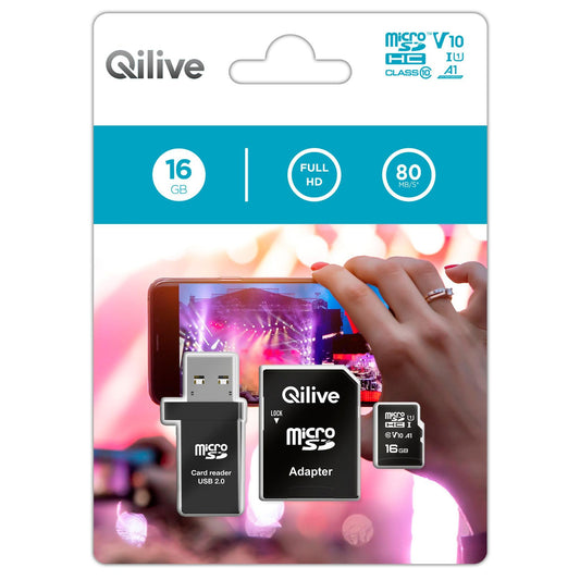 Tarjeta de Memoria microSDHC Qilive, 16Gb, Clase 10, Con Lector de Tarjetas y Adaptador EKMSDM16GHC10QL