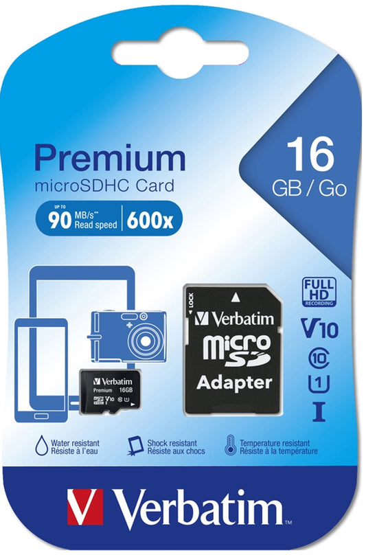 Tarjeta de Memoria microSDHC Verbatim, 16Gb, Clase 10 / UHS-1 U1, Con Adaptador 44082