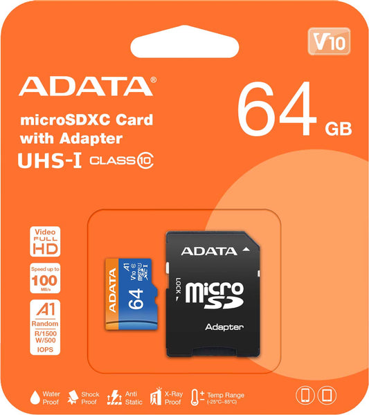Tarjeta de memoria Adata microSDXC, 64Gb, Clase 10 / UHS-1 U1, con adaptador AUSDX64GUICL10A1-RA1 AUSDX64GUICL10A1-RA1