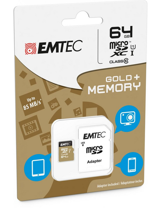 Tarjeta de Memoria microSDXC Emtec Gold+, 64Gb, Clase 10 / UHS-1 U1, Con Adaptador ECMSDM64GXC10GP
