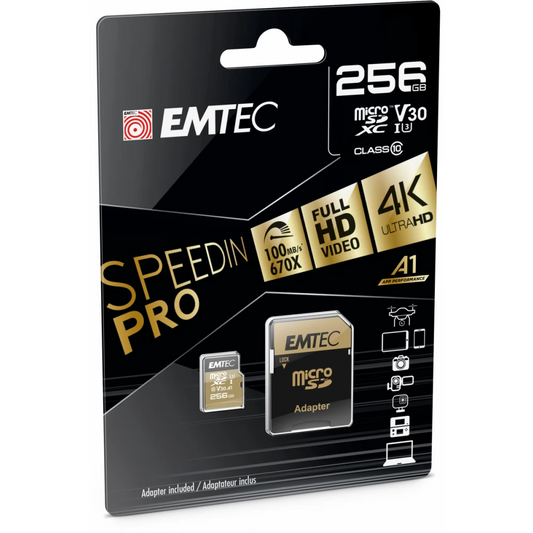 Tarjeta de Memoria microSDXC Emtec Speedin Pro Android A1, 256Gb, Clase 10 / UHS-1 U3, Con Adaptador ECMSDM256GXC10SP