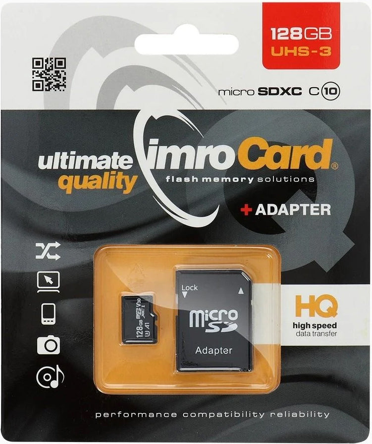 Tarjeta de Memoria microSDXC Imro, 128Gb, Clase 10 / UHS-1 U3, Con Adaptador