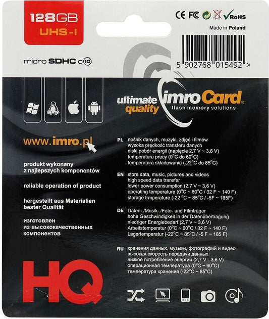 Tarjeta de Memoria microSDXC Imro, 128Gb, Clase 10 / UHS-1 U1, Con Adaptador