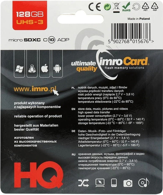 Tarjeta de Memoria microSDXC Imro, 128Gb, Clase 10 / UHS-1 U3, Con Adaptador