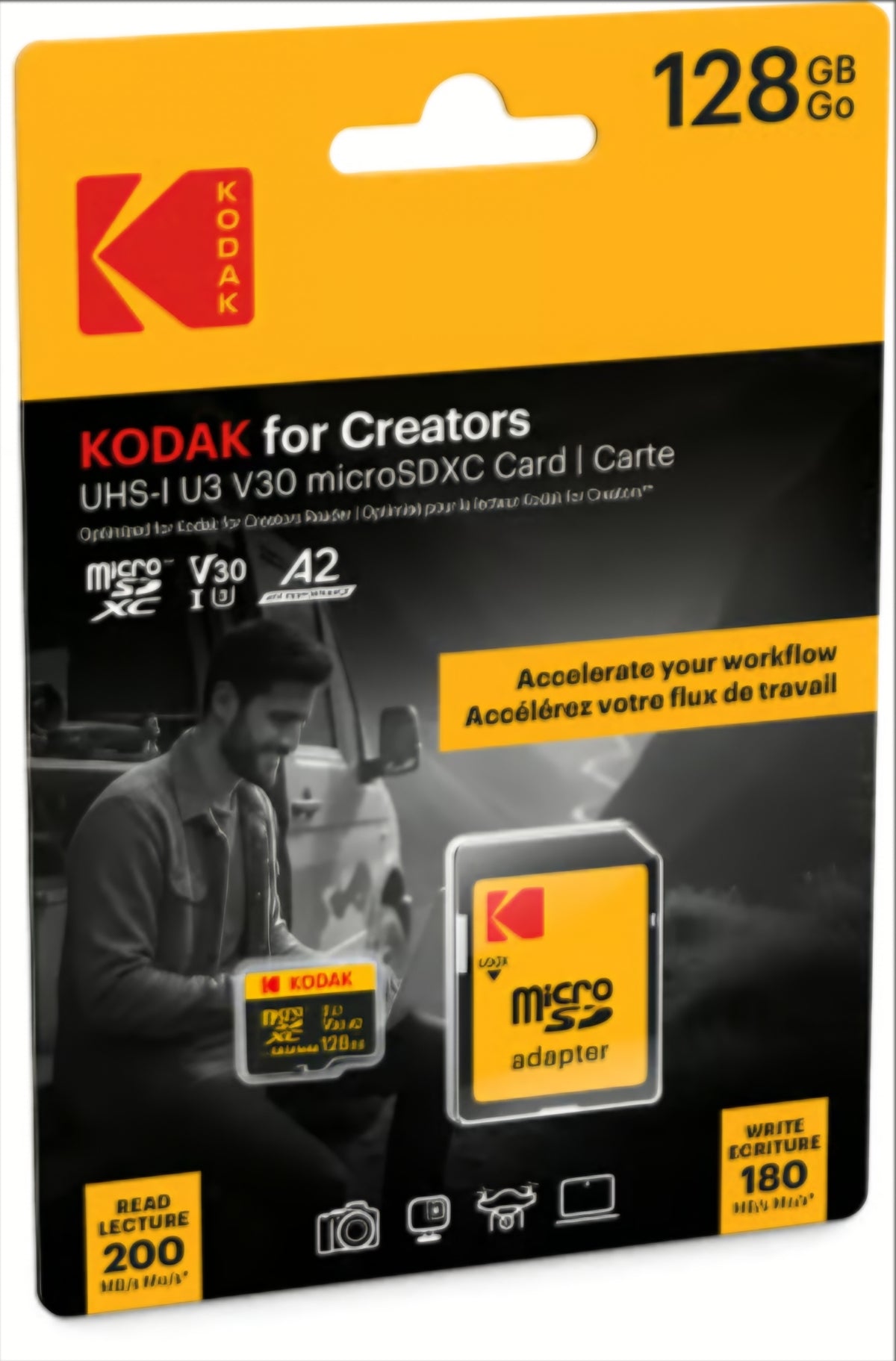 Tarjeta de Memoria microSDXC Kodak for Creators, 128Gb, Clase 10 / UHS-1 U3, Con Adaptador EKMSDM128GXCU3CR