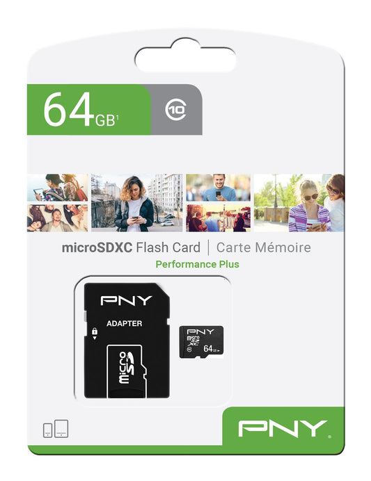 Tarjeta de Memoria microSDXC PNY Performance Plus, 64Gb, Clase 10, Con Adaptador P-SDU64G10PPL-GE