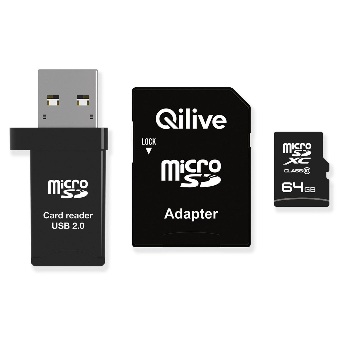 Tarjeta de Memoria microSDXC Qilive, 64Gb, Clase 10, Con Lector de Tarjeta y Adaptador EKMSDM64GXC10QL