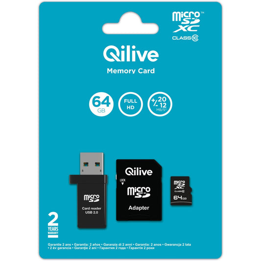 Tarjeta de Memoria microSDXC Qilive, 64Gb, Clase 10, Con Lector de Tarjeta y Adaptador EKMSDM64GXC10QL