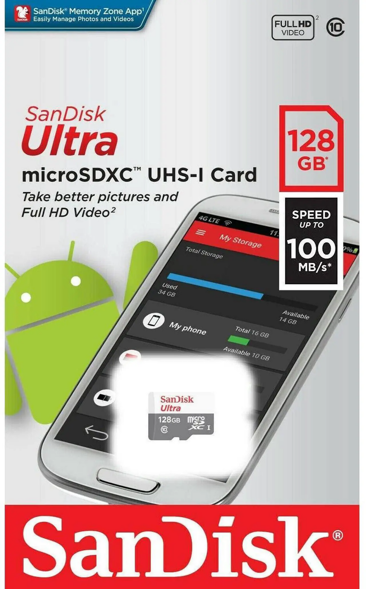 Tarjeta de Memoria microSDXC SanDisk Ultra, 128Gb, Clase 10 SDSQUNR-128G-GN3MN