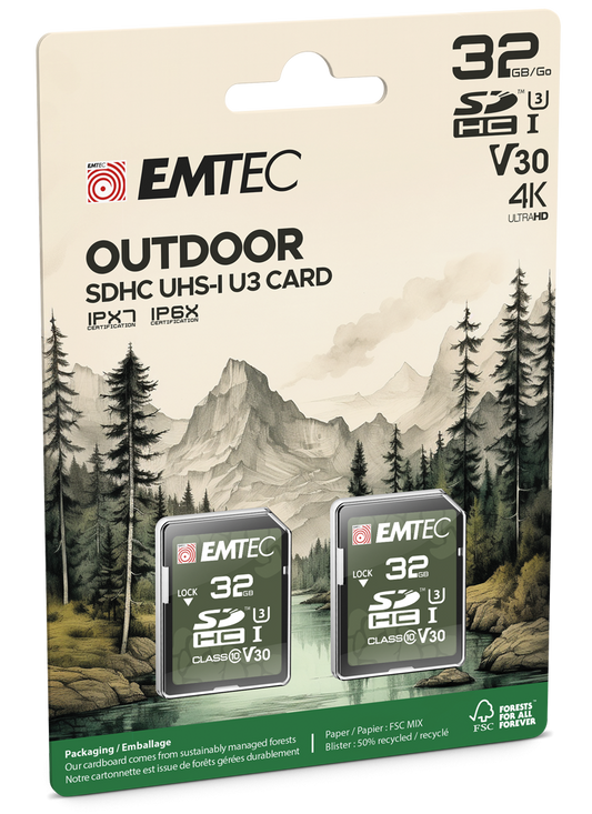 Tarjeta de Memoria SDHC Emtec Rugged Outdoor, 32Gb, Clase 10 / UHS-1 U3, Set 2 piezas ECMSD32GHC10ORP2