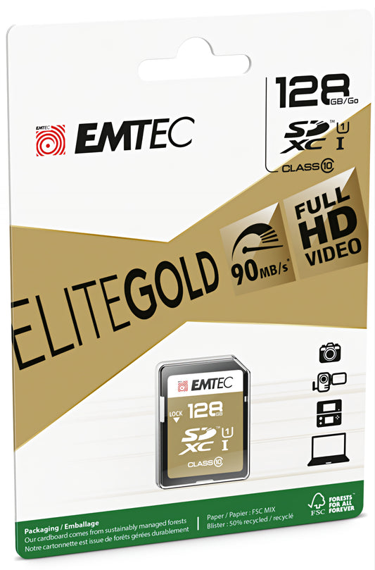 Tarjeta de Memoria SDXC Emtec Elite Gold, 128Gb, Clase 10 / UHS-1 U1 ECMSD128GXC10GP