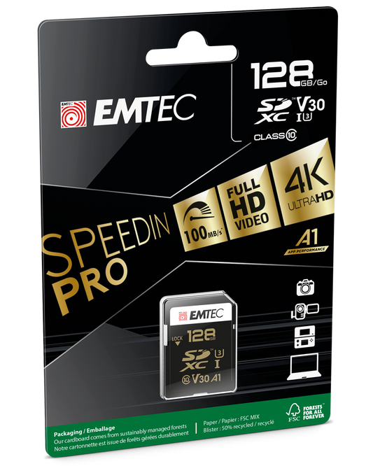 Tarjeta de Memoria SDXC Emtec SpeedIn Pro, 128Gb, Clase 10 / UHS-1 U3 ECMSD128GXC10SP
