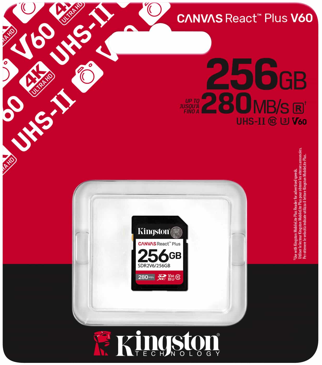 Tarjeta de Memoria SDXC Kingston Canvas React Plus, 256Gb, Clase 10 / UHS-2 U3 SDR2V6/256GB