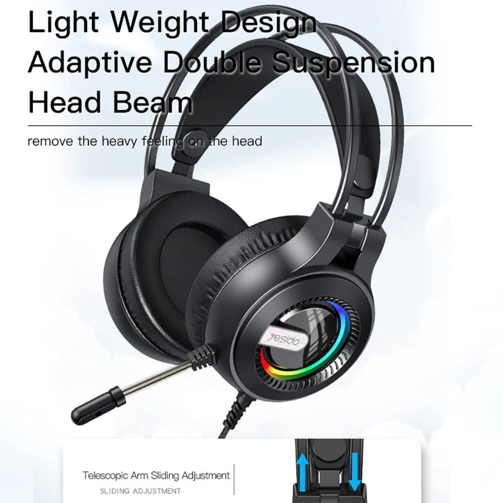 Auriculares Gaming 3.5mm Yesido EK02, RGB, 2.2m, Negros