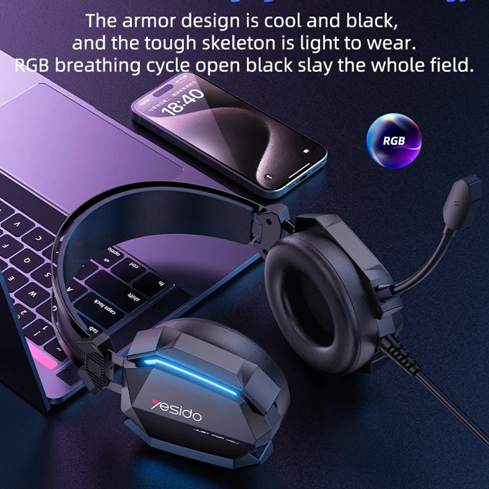 Auriculares Gaming 3.5mm Yesido EK03, RGB, 2m, Negros