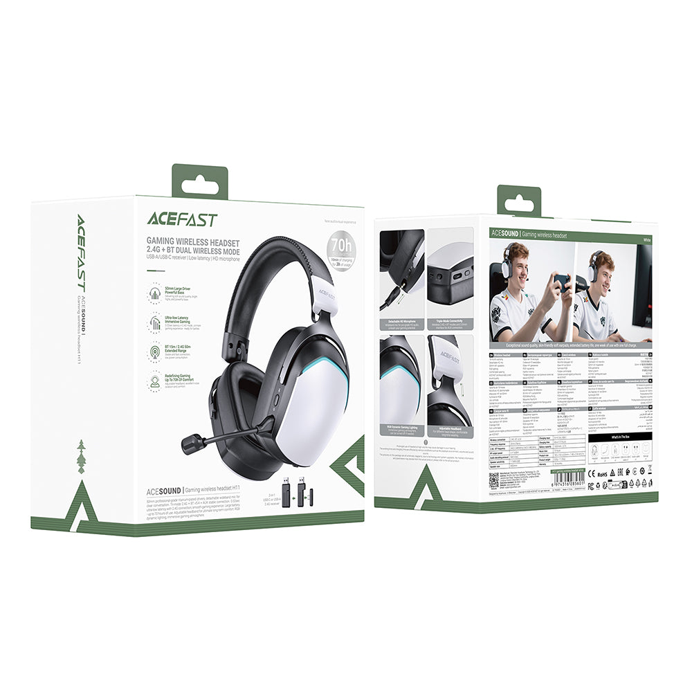 Auriculares Gaming Inalámbricos Acefast H11, RGB, BT / Wi-Fi / Cable, Blancos
